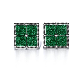 Vintage Princess Cut Stud Earrings in 925 Sterling Silver with Emerald