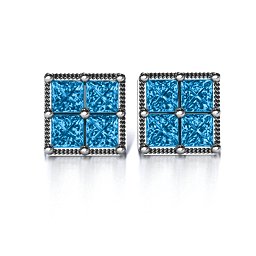 Vintage Princess Cut Stud Earrings in 925 Sterling Silver with Blue Topaz