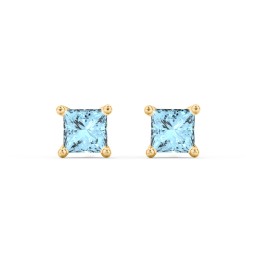 Princess Cut Stud Earrings in 10K Solid Yellow Gold with Blue Topaz