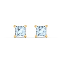 Princess Cut Stud Earrings in 10K Solid Yellow Gold with Aquamarine