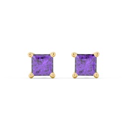 Princess Cut Stud Earrings in 10K Solid Yellow Gold with Amethyst