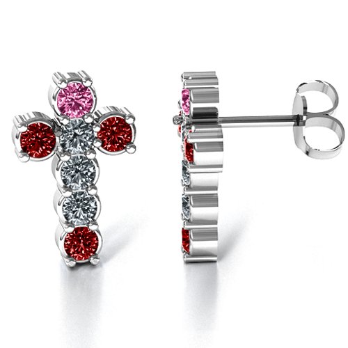 "I Believe" Cross Earrings – Sterling Silver with Pink Tourmaline, Cubic Zirconia, and Garnet