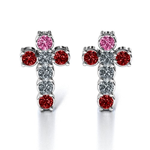 "I Believe" Cross Earrings – Sterling Silver with Pink Tourmaline, Cubic Zirconia, and Garnet