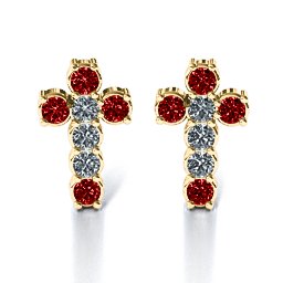 "I Believe" Cross Earrings in 10K Solid Yellow Gold with Garnet and Cubic Zirconia
