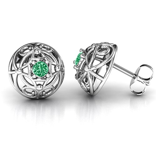 Elegant Filigree Dome Earrings – Sterling Silver with Emerald