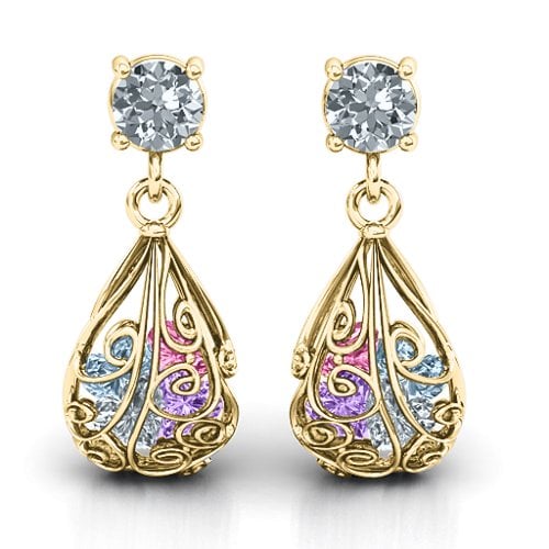 Elegant Drop Caged Earrings – 10K Yellow Gold with Diamond, Amethyst, Aquamarine, and Pink Tourmaline