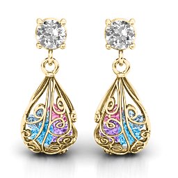 Elegant Drop Caged Earrings in 10K Solid Yellow Gold with White Premium Zirconia, Blue Topaz, Amethyst, Aquamarine, and Pink Tourmaline