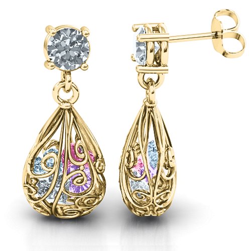 Elegant Drop Caged Earrings – 10K Yellow Gold with Diamond, Amethyst, Aquamarine, and Pink Tourmaline