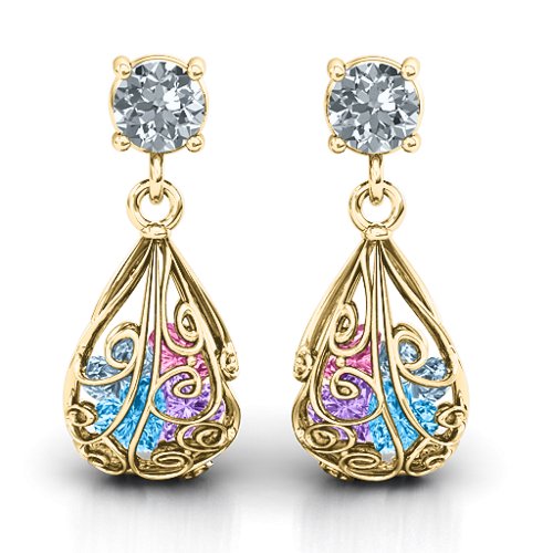 Elegant Drop Caged Earrings – 10K Yellow Gold with Cubic Zirconia, Blue Topaz, Amethyst, Aquamarine, and Pink Tourmaline