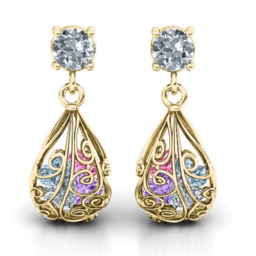Elegant Drop Caged Earrings – 10K Yellow Gold with Diamond, Amethyst, Aquamarine, and Pink Tourmaline