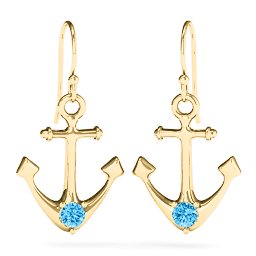 Gemstone Anchor Earrings in 14K Solid Yellow Gold with Blue Topaz