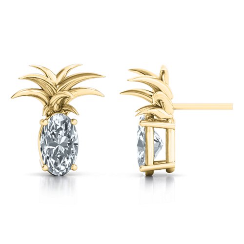 Oval Stone Pineapple Earrings – 10K Yellow Gold with Diamond