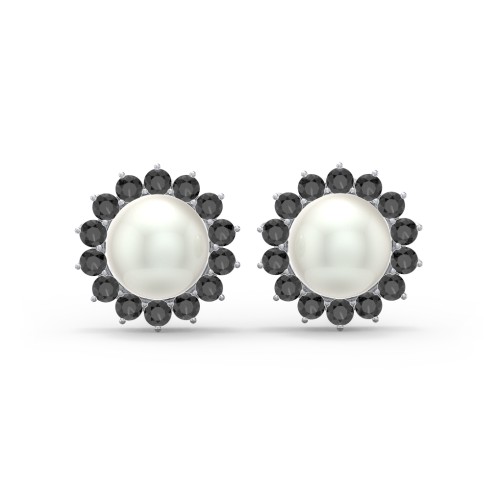 Freshwater Pearl Flower Halo Stud Earrings – Sterling Silver with Black Premium Zirconia and Freshwater Pearl