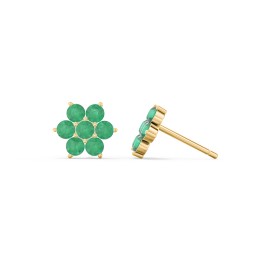 Flower Stud Earrings with Gemstones in 10K Solid Yellow Gold with Emerald