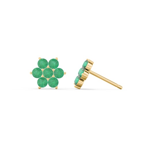 Flower Stud Earrings with Gemstones – 10K Yellow Gold with Emerald