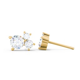 3-Stone Cluster Stud Earrings in 10K Solid Yellow Gold with Diamond and Cubic Zirconia