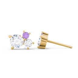 3-Stone Cluster Stud Earrings in 10K Solid Yellow Gold with Diamond and Amethyst Premium Zirconia