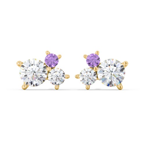 3-Stone Cluster Stud Earrings – 10K Yellow Gold with Diamond and Amethyst
