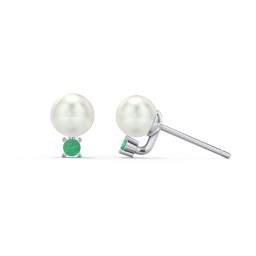 Freshwater Pearl and Accent Stud Earrings in 925 Sterling Silver with Emerald and Freshwater Pearl