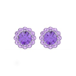 Halo Round Stud Earrings in 925 Sterling Silver with Amethyst and Amethyst Premium Zirconia