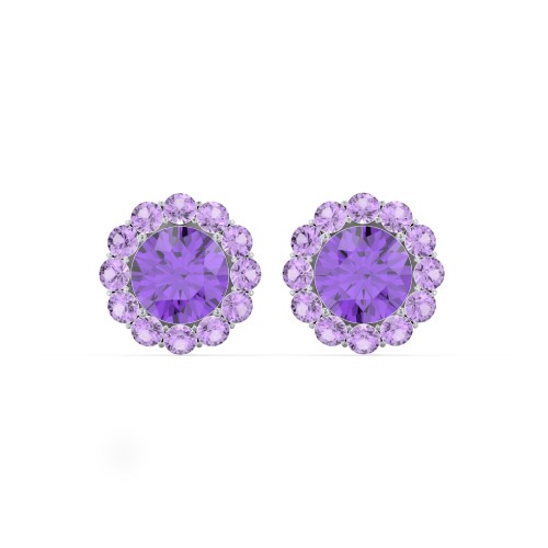 Halo Round Stud Earrings – Sterling Silver with Amethyst and Amethyst Premium Zirconia