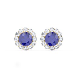 Halo Round Stud Earrings in 10K Solid Yellow Gold with Blue Sapphire and White Premium Zirconia