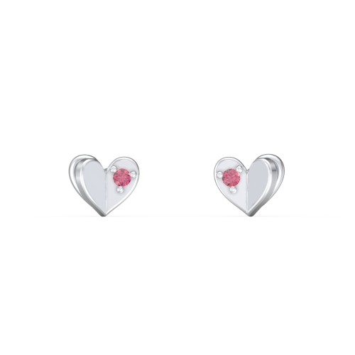 Mini Folded Heart Stud Earrings with Gemstones – Sterling Silver with Red Premium Zirconia