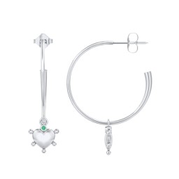 Large Open Hoop Earrings with Beaded Puffed Heart Charm and Accents in 925 Sterling Silver with Emerald