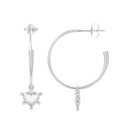 Large Open Hoop Earrings with Beaded Puffed Heart Charm and Accents in 925 Sterling Silver with Blue Topaz
