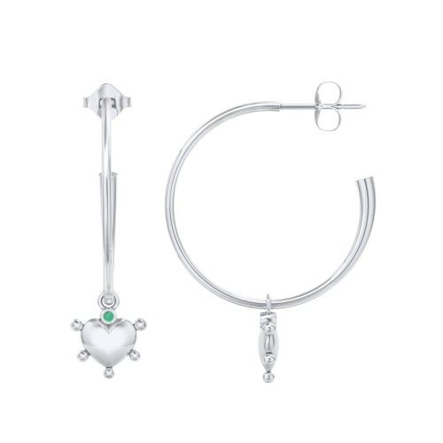 Large Open Hoop Earrings with Beaded Puffed Heart Charm and Accents – Sterling Silver with Emerald