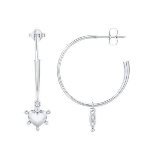 Large Open Hoop Earrings with Beaded Puffed Heart Charm and Accents – Sterling Silver with Blue Topaz