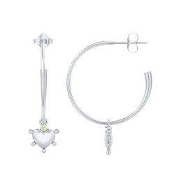 Large Open Hoop Earrings with Beaded Puffed Heart Charm and Accents in 925 Sterling Silver with Peridot