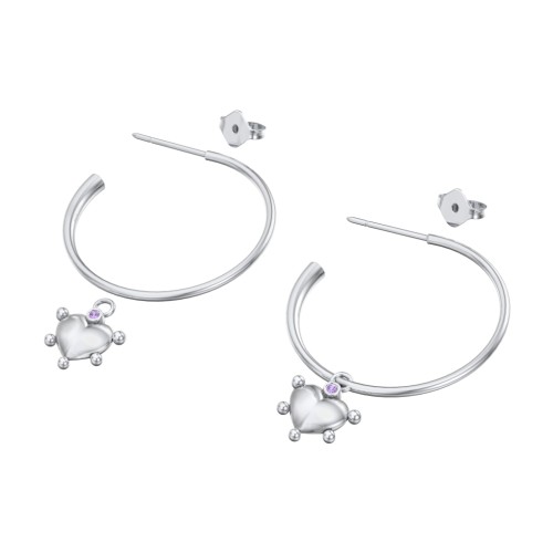 Large Open Hoop Earrings with Beaded Puffed Heart Charm and Accents – Sterling Silver with Amethyst