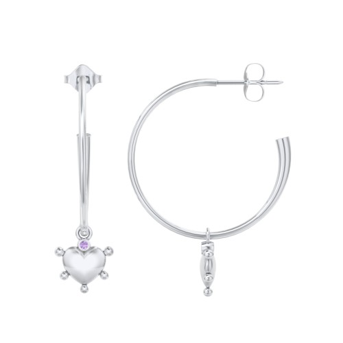 Large Open Hoop Earrings with Beaded Puffed Heart Charm and Accents – Sterling Silver with Amethyst