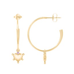 Large Open Hoop Earrings with Beaded Puffed Heart Charm and Accents in 10K Solid Yellow Gold with Amethyst Premium Zirconia