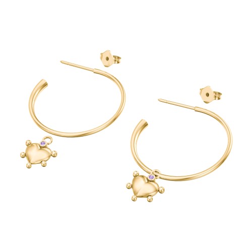 Large Open Hoop Earrings with Beaded Puffed Heart Charm and Accents – 10K Yellow Gold with Amethyst