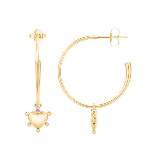 Large Open Hoop Earrings with Beaded Puffed Heart Charm and Accents – 10K Yellow Gold with Amethyst