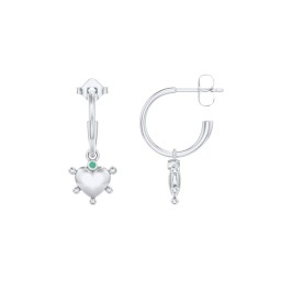 Small Open Hoop Earrings with Beaded Puffed Heart Charm and Accents in 925 Sterling Silver with Emerald