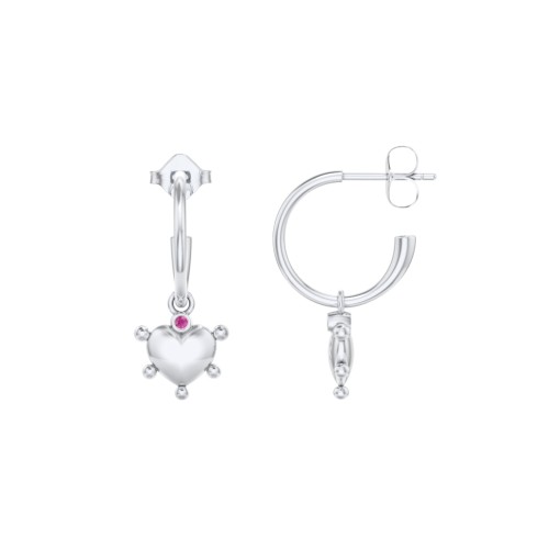 Small Open Hoop Earrings with Beaded Puffed Heart Charm and Accents – Sterling Silver with Ruby