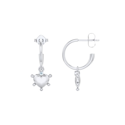 Small Open Hoop Earrings with Beaded Puffed Heart Charm and Accents – Sterling Silver with Blue Topaz