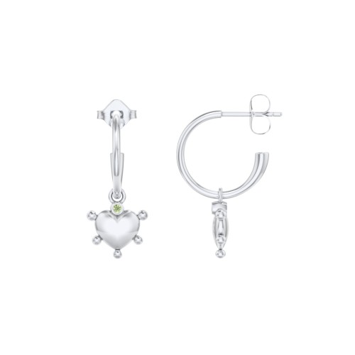 Small Open Hoop Earrings with Beaded Puffed Heart Charm and Accents – Sterling Silver with Peridot