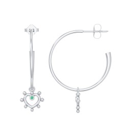 Large Open Hoop Earrings with Beaded Open Heart Charm and Accents in 925 Sterling Silver with Emerald