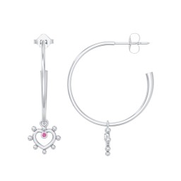 Large Open Hoop Earrings with Beaded Open Heart Charm and Accents in 925 Sterling Silver with Ruby