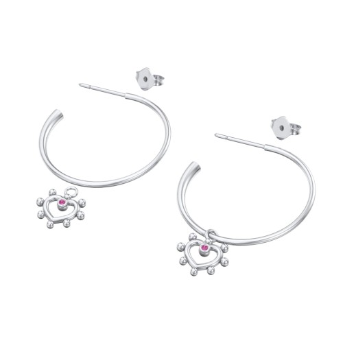 Large Open Hoop Earrings with Beaded Open Heart Charm and Accents – Sterling Silver with Ruby