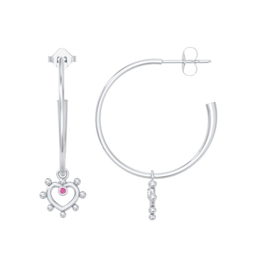 Large Open Hoop Earrings with Beaded Open Heart Charm and Accents – Sterling Silver with Ruby