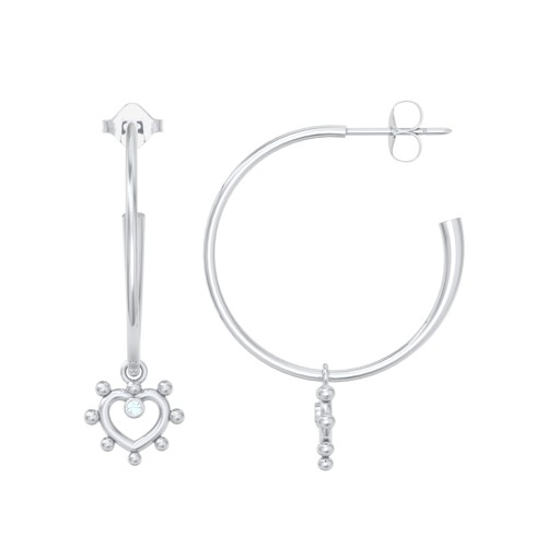 Large Open Hoop Earrings with Beaded Open Heart Charm and Accents – Sterling Silver with Blue Topaz
