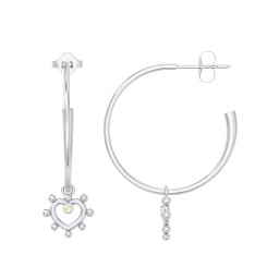 Large Open Hoop Earrings with Beaded Open Heart Charm and Accents in 925 Sterling Silver with Peridot