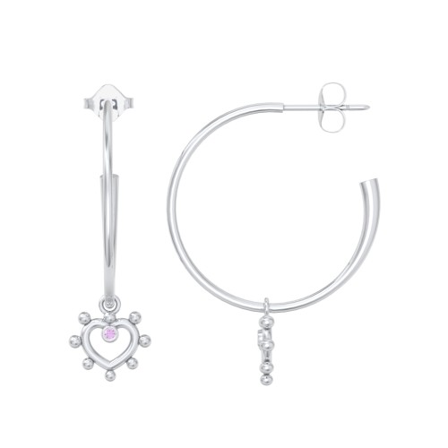 Large Open Hoop Earrings with Beaded Open Heart Charm and Accents – Sterling Silver with Amethyst