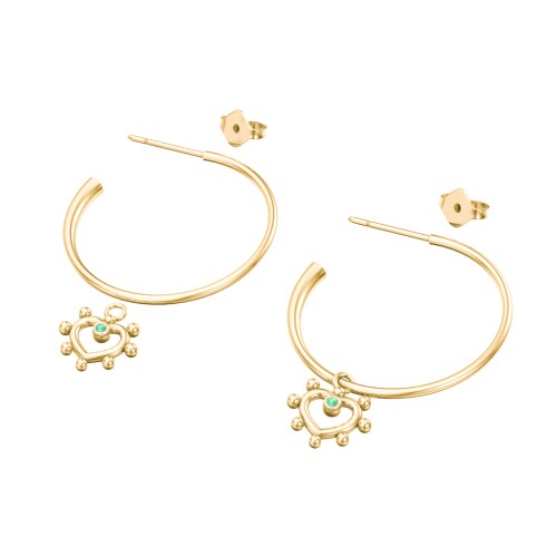 Large Open Hoop Earrings with Beaded Open Heart Charm and Accents – 10K Yellow Gold with Emerald