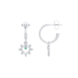 Small Open Hoop Earrings with Beaded Open Heart Charm and Accents in 925 Sterling Silver with Emerald